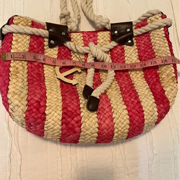 Red straw Cornhusk tote bag nautical stripes rope handles wood anchor - Picture 7 of 12